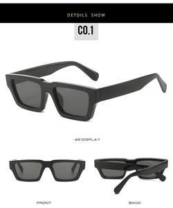 Detail view of thick black rectangular sunglasses showing side, front, and back angles