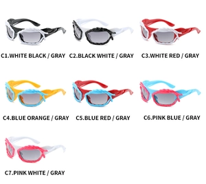 Détail de sept variantes de couleurs pour ces lunettes de soleil sportives style Y2K