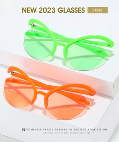 Detail view of colorful semi-rimless Y2K sunglasses with CE certification marks