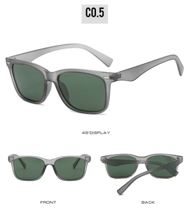 Three perspectives of square polarized sunglasses showing front, back, and 45-degree angle views