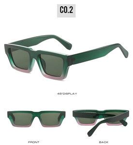 Three-way view of narrow rectangle sunglasses in green-to-pink gradient frame