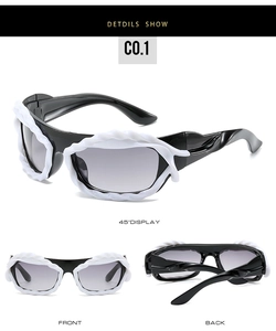 Vues détaillées de lunettes de soleil Y2K futuristes à monture torsadée blanche et noire