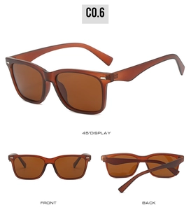 Three-angle view of square matte amber sunglasses showing front, back, and 45-degree sides