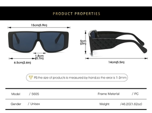 Detailed size specifications and measurements of square frame sunglasses with PC material