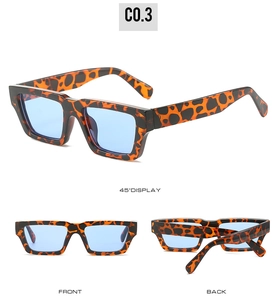 Detailed views of vintage leopard print sunglasses with blue lenses from three angles