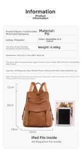Detailed specifications of brown PU leather backpack showing dimensions and features