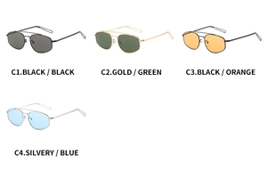 Detail view of four metal hexagonal sunglasses in black, gold, orange, and blue colors