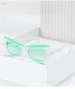 Close-up of white butterfly sunglasses with neon green lines and light green lenses