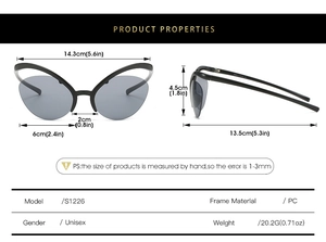 Detailed size specifications and dimensions for Y2K cat-eye sunglasses model S1226