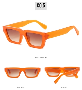 Three perspectives of orange rectangle sunglasses with brown gradient lenses
