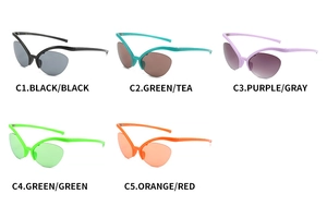Detailed grid showing five avant-garde Y2K cat eye sunglasses in various vibrant colors