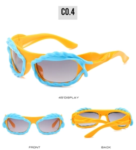 Vues détaillées de lunettes Y2K jaunes avec cadre ondulé bleu sous plusieurs angles