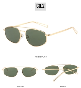 Detailed views of vintage aviator sunglasses with gold metal frame and green lenses