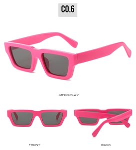Three-angle views of trendy bright pink rectangular thick frame sunglasses with dark lenses