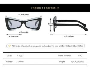 Detailed size guide for cat eye sunglasses showing dimensions and PC frame specs
