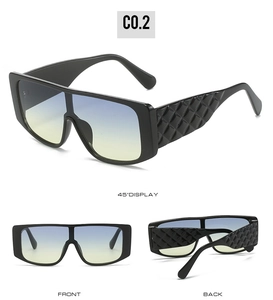 Detailed views of oversized square sunglasses featuring quilted texture temples and gradient lenses