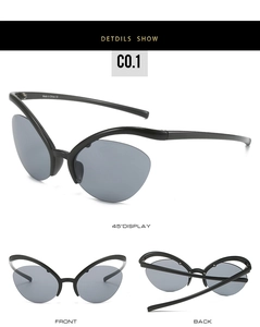 Three-way view of Y2K cat-eye sunglasses with streamlined black frame and grey lenses