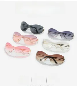 Flat lay of six colorful Y2K rimless sunglasses with wave-edge lenses on a white background