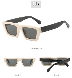 Three-view display of retro small frame sunglasses in cream white and black finishes