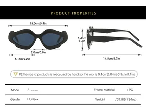 Detailed size chart for mustache shaped sunglasses with frame width and PC material specs