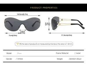 Size guide for rimless wrap-around sunglasses with metallic temples and weight details