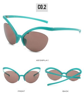 Detailed views of turquoise cat eye Y2K sunglasses showing front back and 45 degree angles