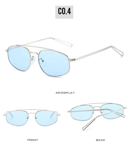 Detailed views of silver metal aviator sunglasses with light blue translucent lenses