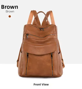 Front view of brown PU leather backpack with multiple zip pockets and magnetic flap detail