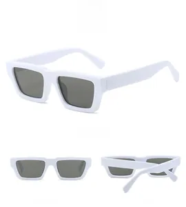 Detailed views of white rectangular retro sunglasses with dark UV protection lenses