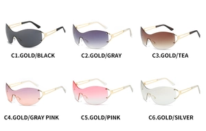 Detailed grid of six Y2K rimless sunglasses in various gradient lens colors and gold metal temples