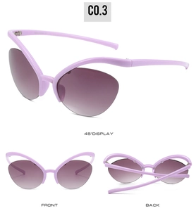 Three-way view of cat-eye Y2K sunglasses in lavender frame and purple gradient lenses