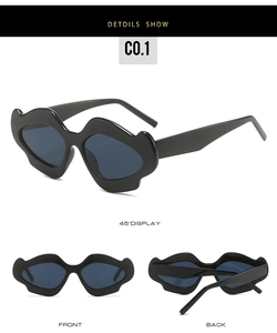 Detailed views of black mustache shaped sunglasses with unique irregular wavy frames