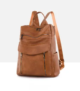 Detail of vintage brown leather backpack with multiple functional zipper pockets