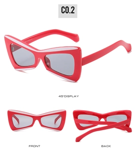 Detailed views of red butterfly sunglasses featuring front, back and 45-degree angles