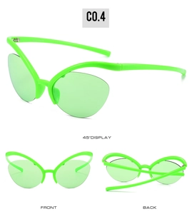 Neon green y2k cat-eye sunglasses shown from front, back, and 45-degree angle views