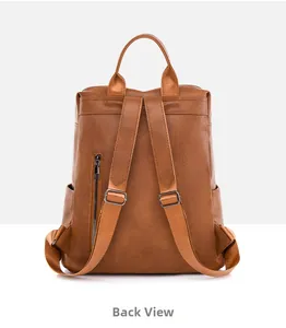 Back view of brown PU leather backpack featuring adjustable straps and zipper pocket