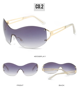 Three-way view of Y2K rimless sunglasses with purple gradient lenses and gold metal temples
