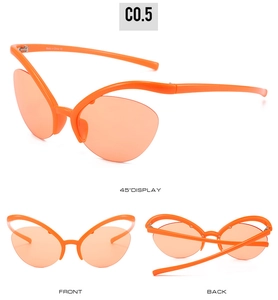 Three-view display of orange Y2K cat-eye sunglasses with butterfly-wing rimless design
