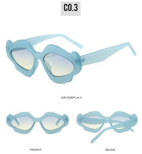 Three-view layout of blue mustache-shaped sunglasses with yellow-blue gradient lenses