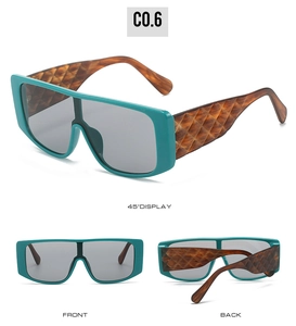 Detailed views of cyan oversized square sunglasses with brown tortoiseshell patterned temples