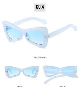 Detailed views of light blue butterfly shaped sunglasses with retro translucent frames