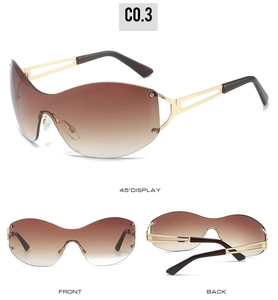 Three-way view of rimless oversized Y2K sunglasses with brown gradient lenses and gold temples