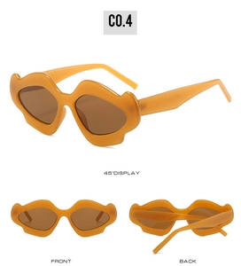 Three views of amber mustache-shaped sunglasses showing 45-degree, front, and back angles