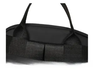 Detail of high-density nylon backpack with precise stitching on top handle connection