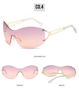 Three-view display of Y2K rimless sunglasses with pink gradient lenses and gold frame