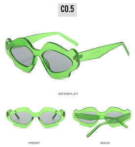 Detail view of wavy green sunglasses with grey lenses from three different angles