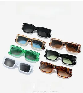 Showcase of seven different thick rectangle sunglasses in diverse colors and patterns