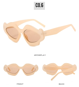 Three-angle view of wave-shaped cream sunglasses showing front, back, and 45-degree profile