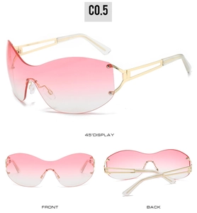 Three-angle view of pink gradient rimless Y2K sunglasses with gold metal temples