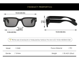 Detailed size chart for square frame sunglasses with precise measurements in cm and inches